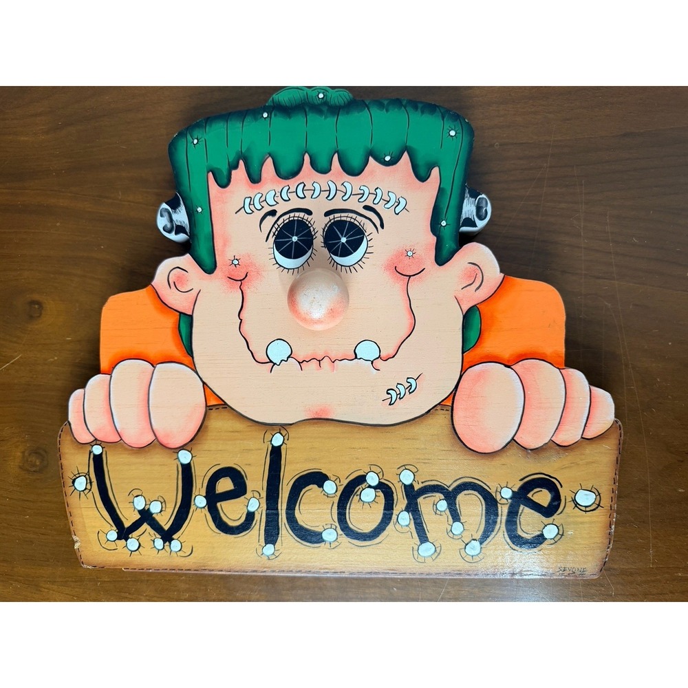Vtg Hand Painted Wood Hanging Welcome Sign Halloween Frankenstein Signed Cute